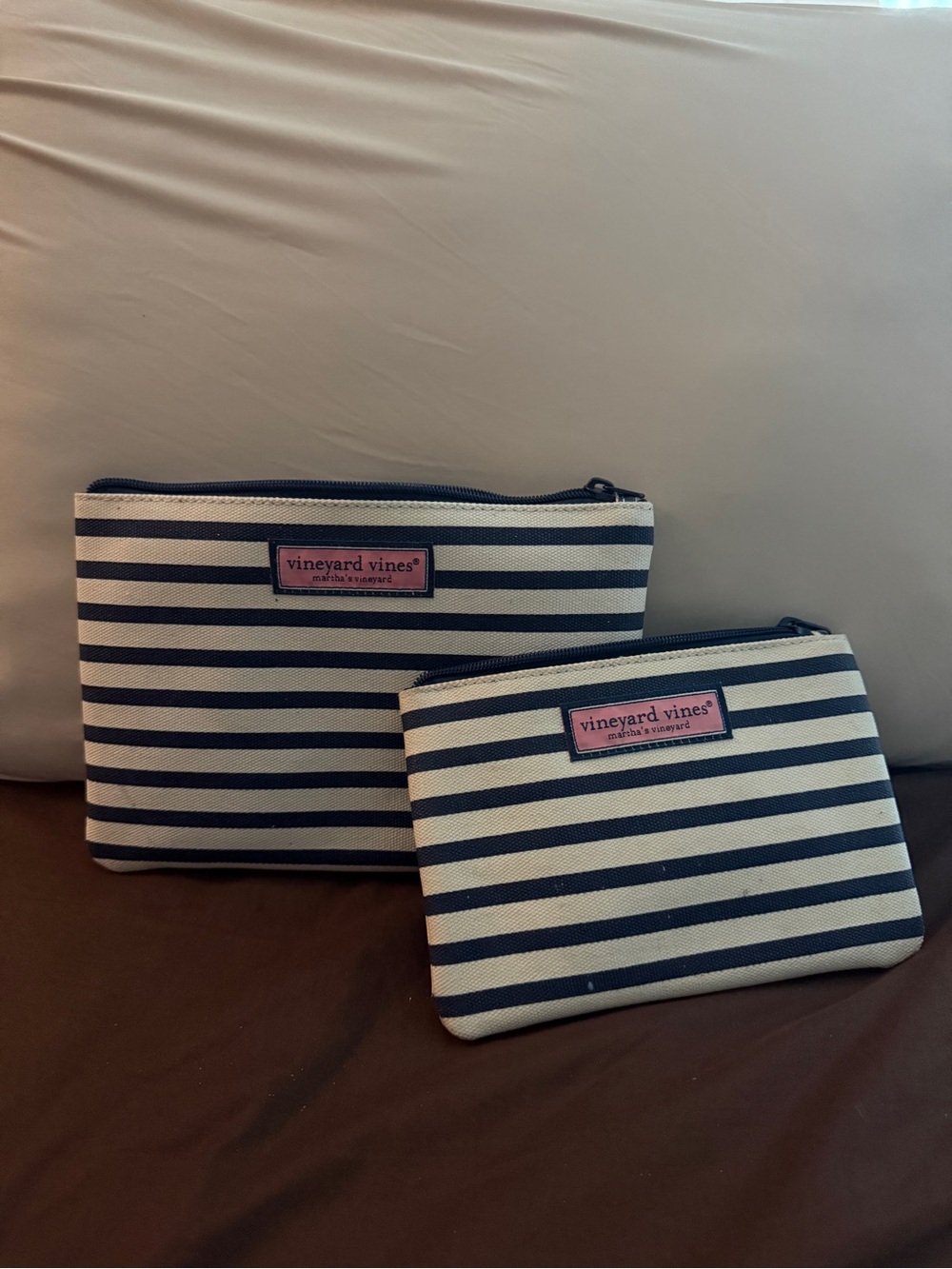 Vineyard Vines Navy and White Striped Canvas Pouch Set with Pink Logo